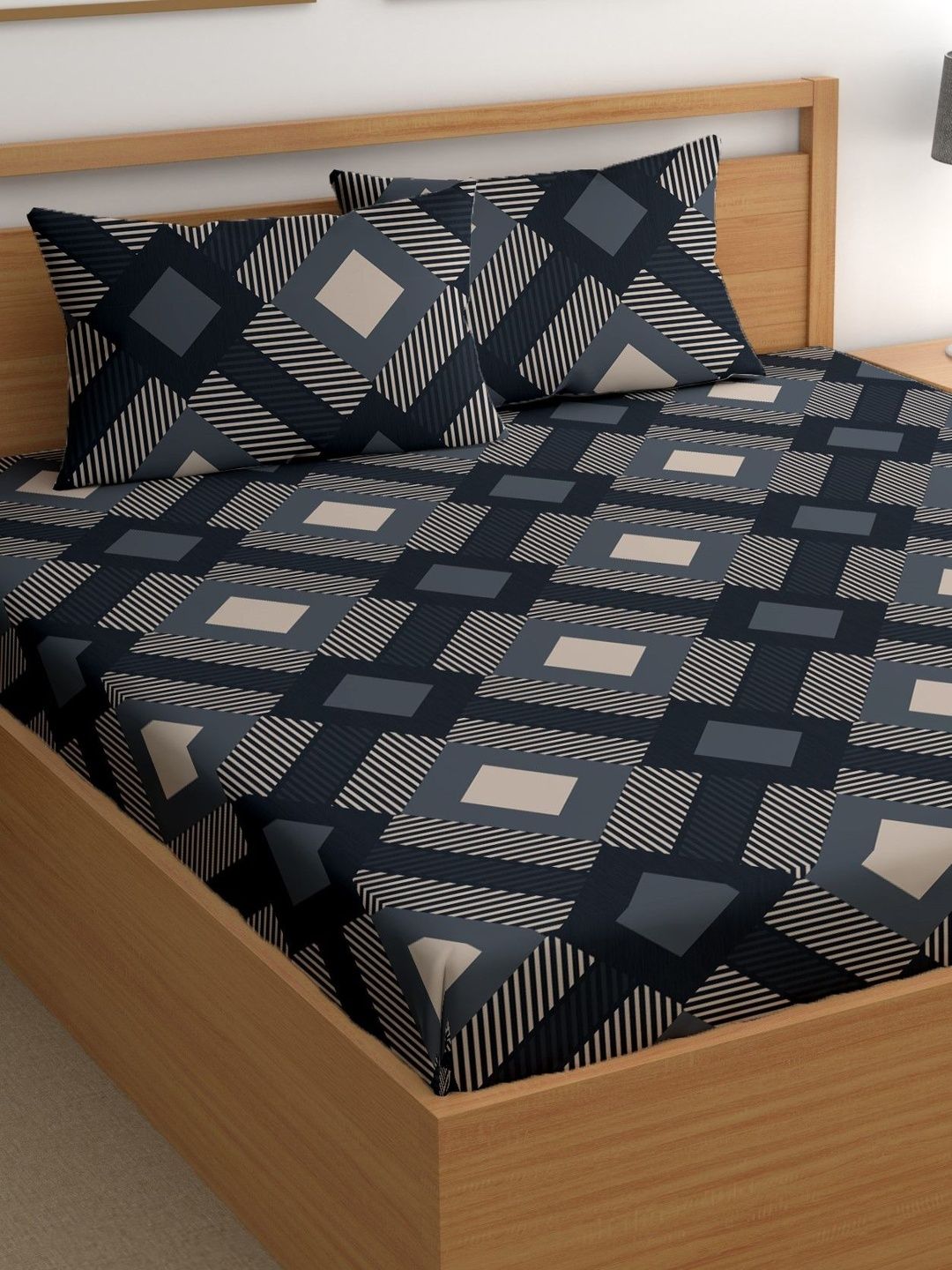 Aura Blue & Beige 180 TC Bedsheet with 2 Pillow Covers-image-49