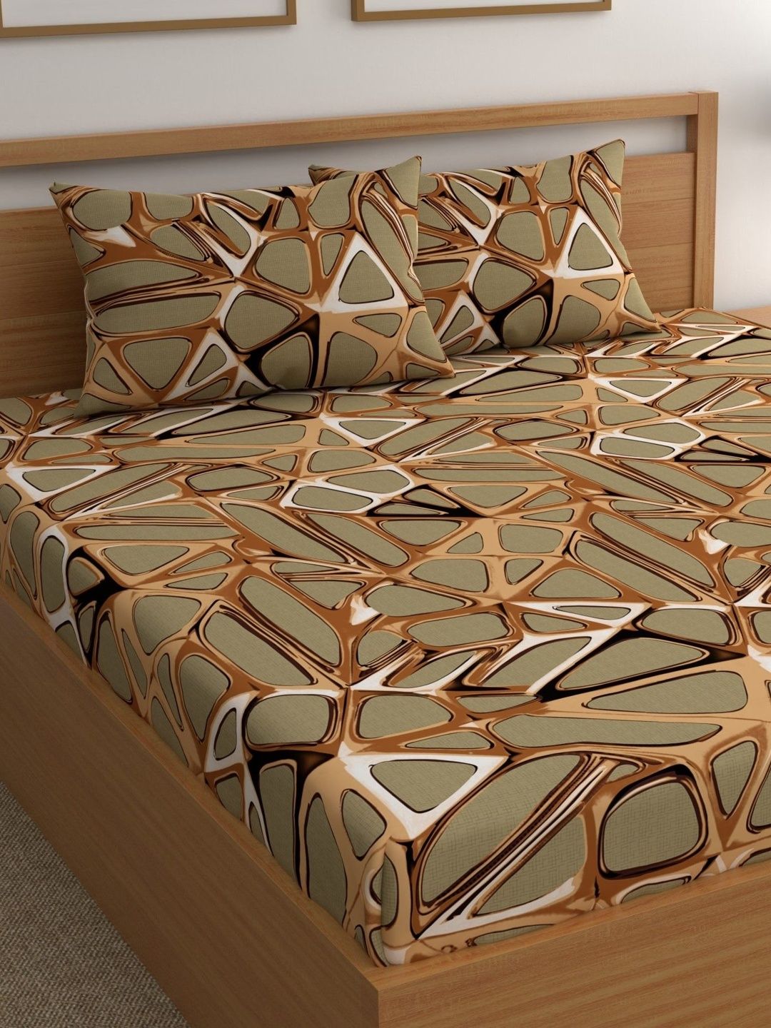 Aura Gold-Toned & Brown 180 TC Bedsheet with 2 Pillow Covers-image-42