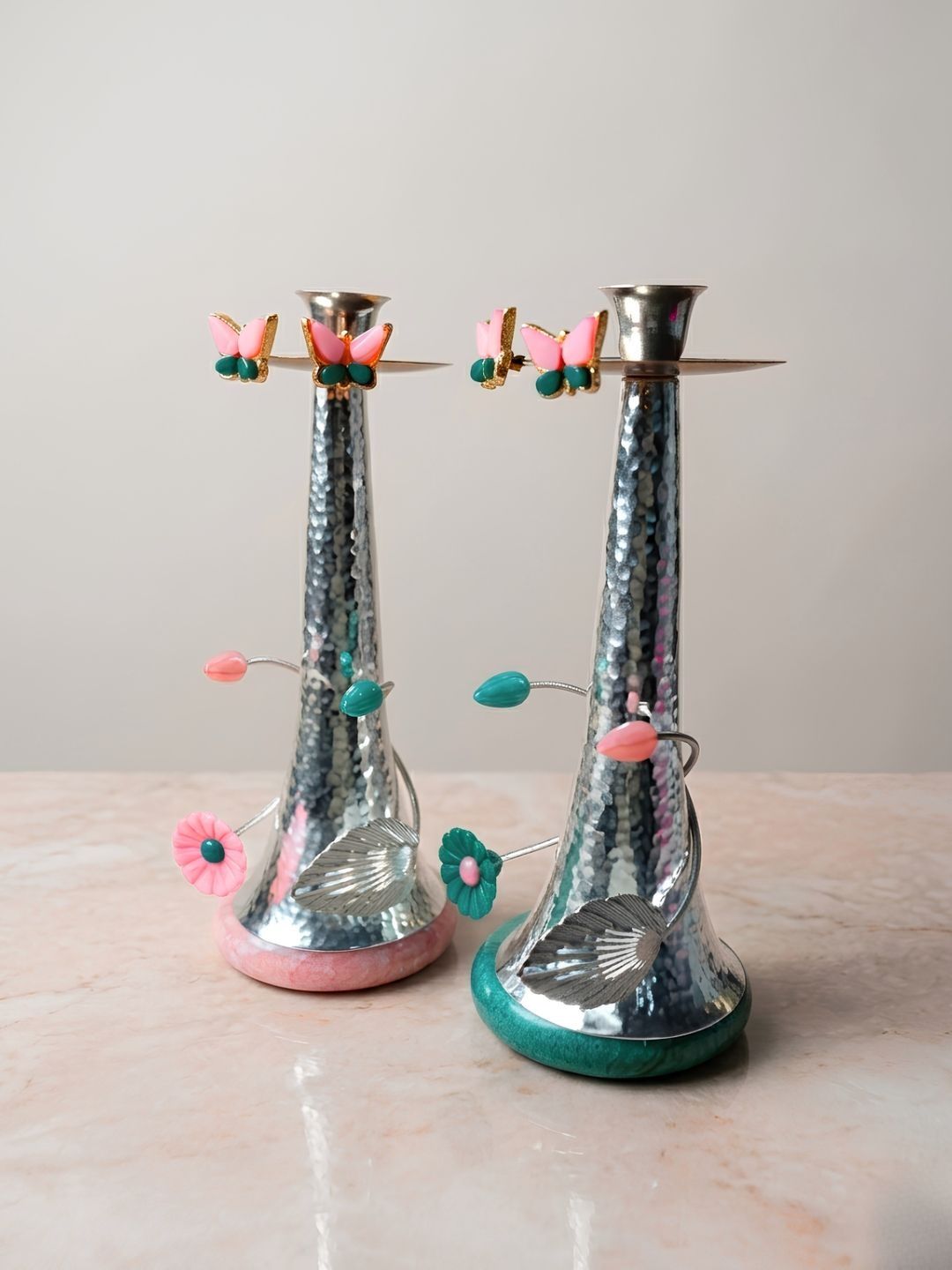 THE HOME CO. Pink & Green Silver-Plated Metal 2Pcs Candle Holders-picture-36