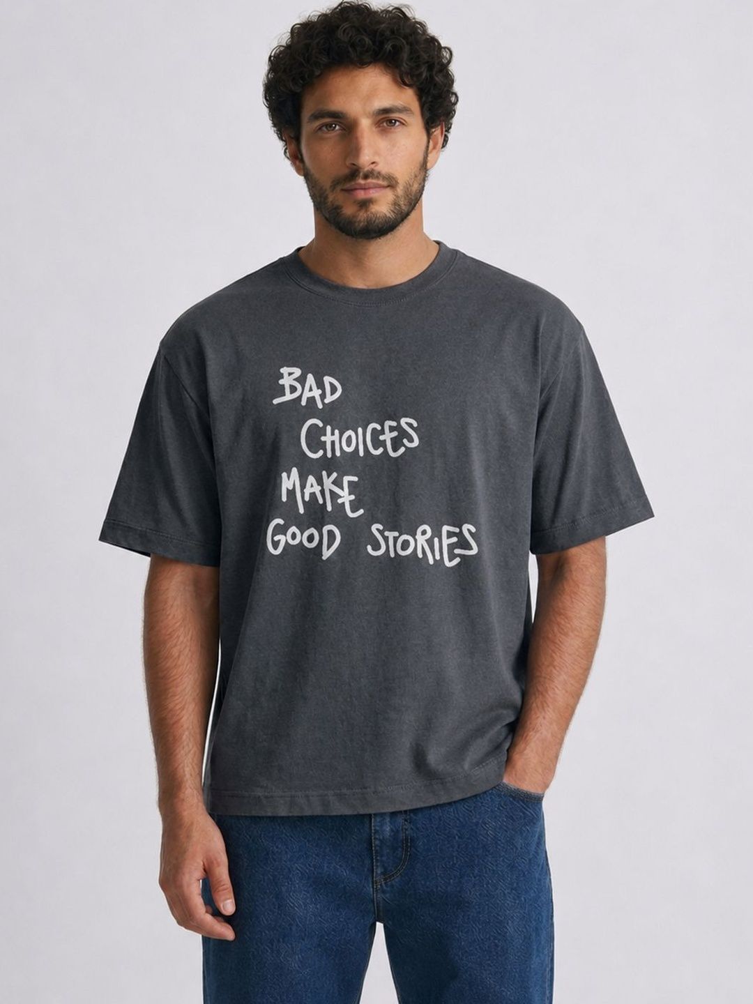 HERE&NOW Men Typography Printed Drop-Shoulder Sleeves T-shirt-picture-23