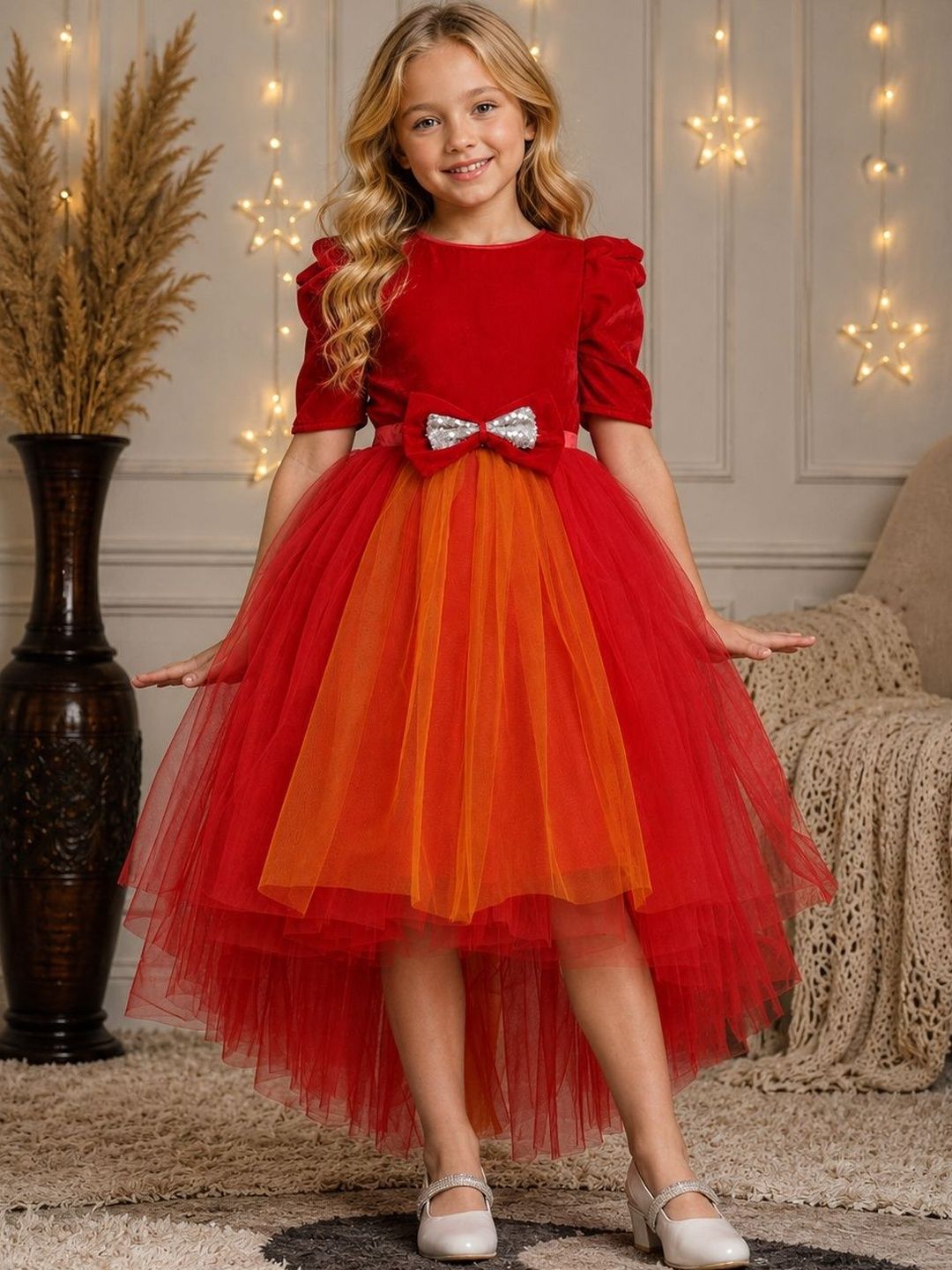 Dripteen Puff Sleeve Ruffled Net A-Line Dress-picture-26