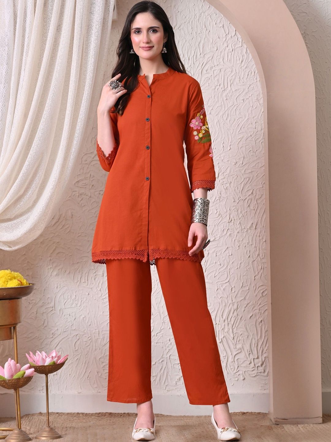 KALINI Women Floral Embroidered Regular Thread Work Pure Cotton Kurta with Trousers-picture-39