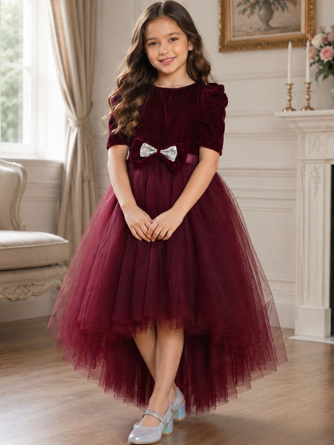 Dripteen Puff Sleeve Ruffled Net Fit & Flare Midi Dress-picture-43