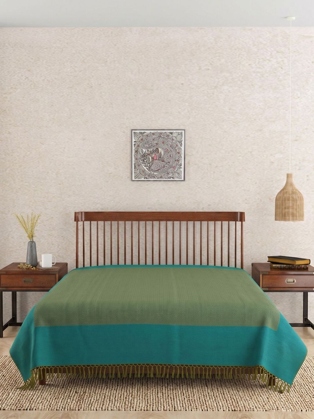 Fabindia Teal Woven Design Cotton Double Bed - Queen Bed Covers-image-11
