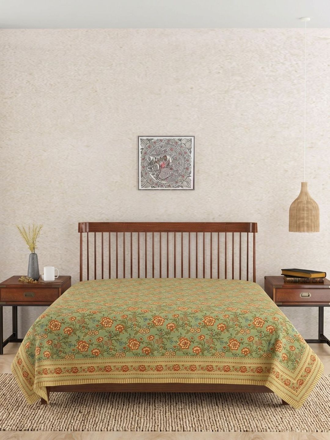 Fabindia Green Floral Cotton Double Bed - Queen Bed Covers-picture-42
