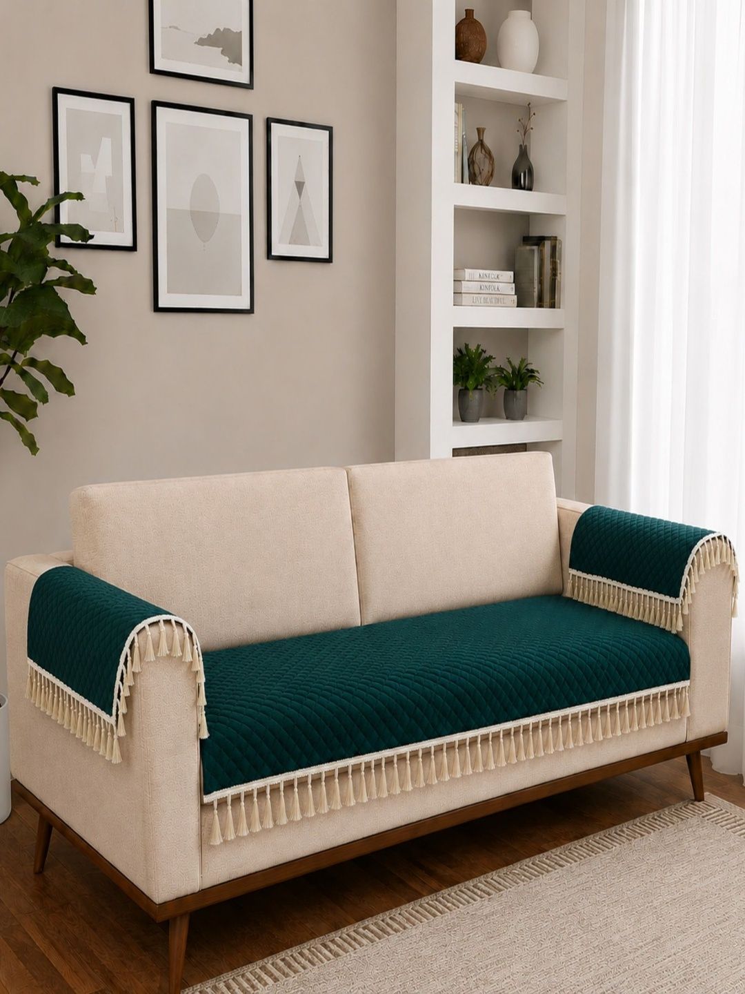 Homefab India Teal 3 Piece Sofa Cover With Arms-image-4