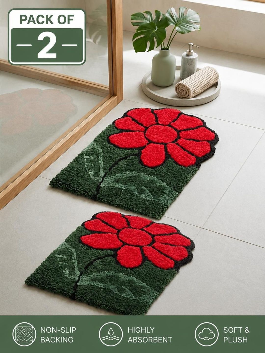 Banchmark Home Furnishings Red 2Piece 2200 GSM Anti Skid High Absorbent Bath Rug-picture-18