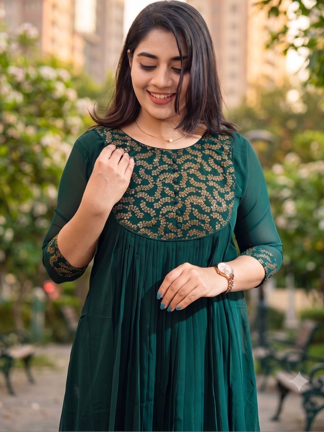 TIWESA-THE TREASURE OF CREATIONTIWESA Floral Embroidered Georgette A-Line Dress-image-28