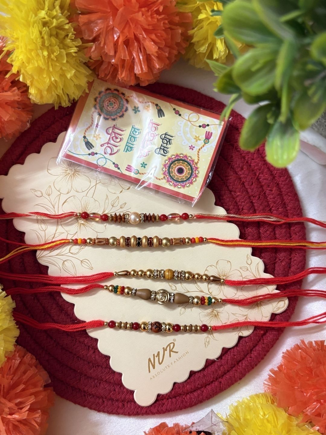SZN Set Of 5 Multicolor Designer Thread Rakhi With Roli Chawal Chandan Mishri-image-3