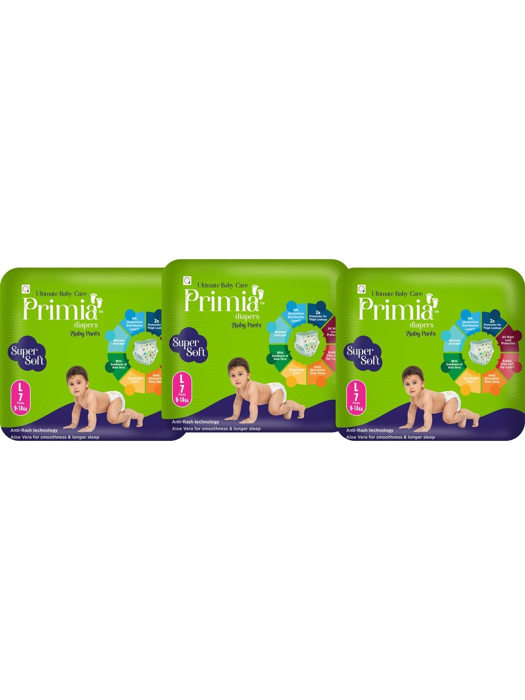 Primia Set Of 3 Aloe Vera & Anti -Rash Technology Diaper Baby Pants - 7 Pcs Each - L-picture-25