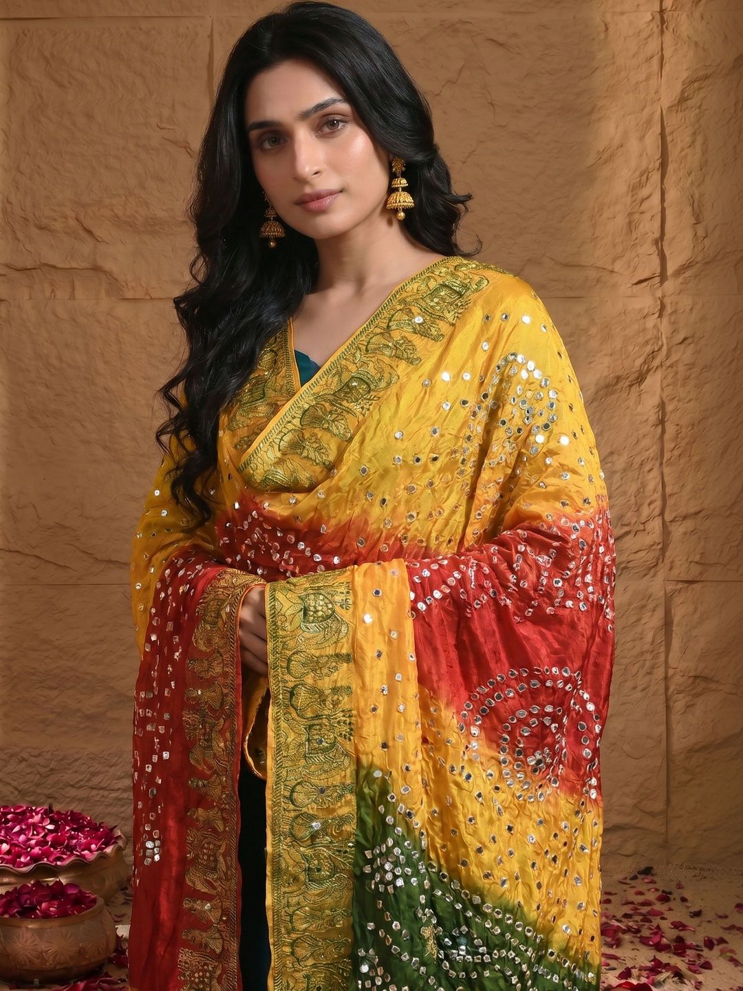 House of Pataudi Printed Bandhani Dupatta with Mirror Work-picture-21