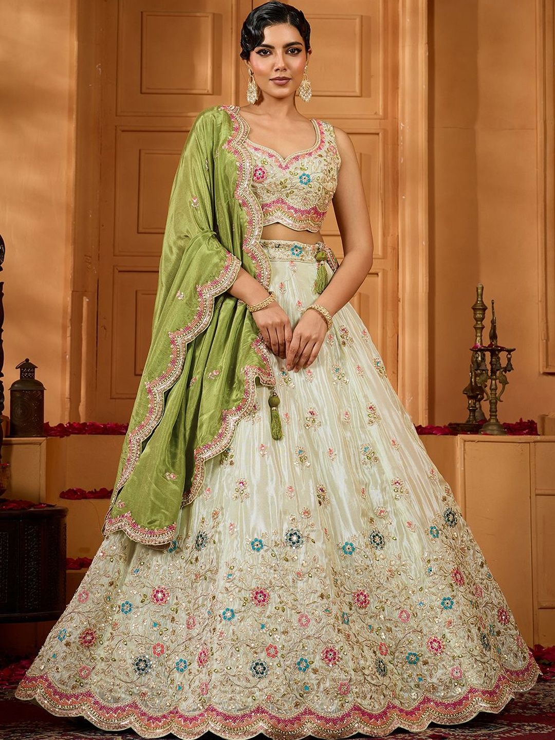 KALINI Embroidered Thread Work Semi-Stitched Lehenga & Unstitched Blouse With Dupatta-picture-23