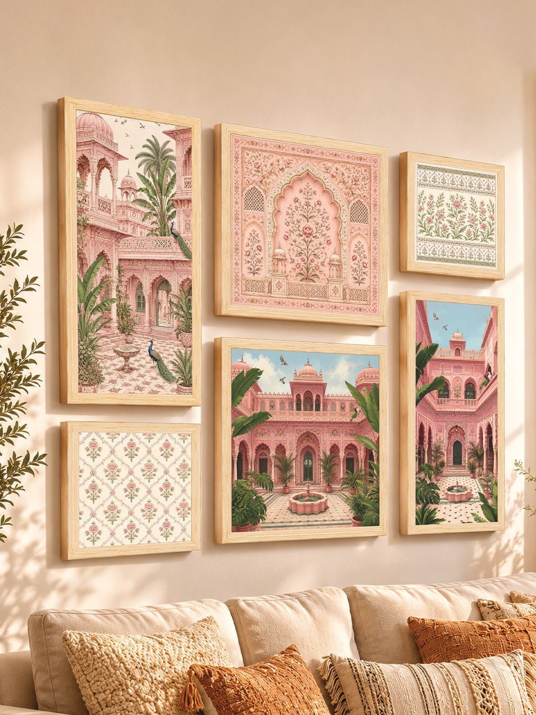 Art Street 6 Piece Jaipur Pink city Traditional Vintage Mughal Framed Wall Art Paintings-image-40