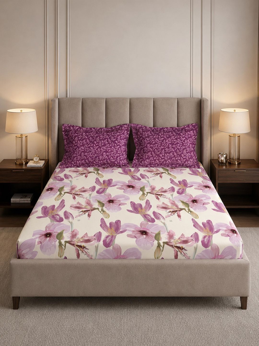 MYTRIDENT Pink & Purple Floral 180 TC King Bedsheet with 2 Pillow Covers-picture-34