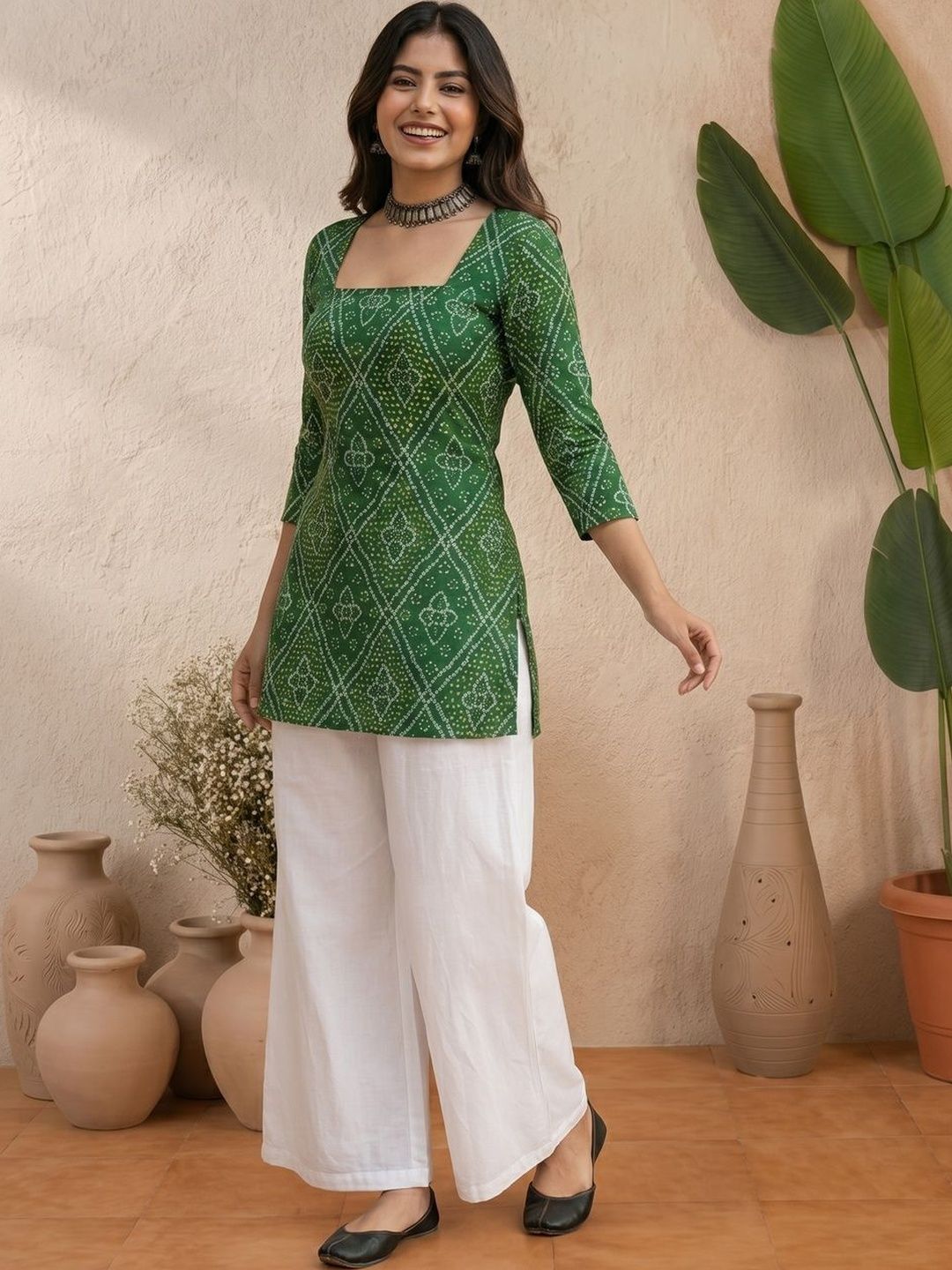 Anouk Bandhani Printed Square Neck Pure Cotton Blend Handloom Kurti-image-35