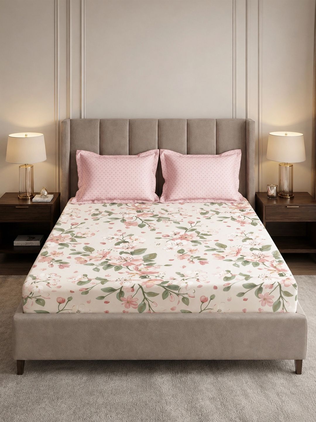 MYTRIDENT Peach-Coloured & Pink Floral 180 TC King Bedsheet with 2 Pillow Covers-picture-22