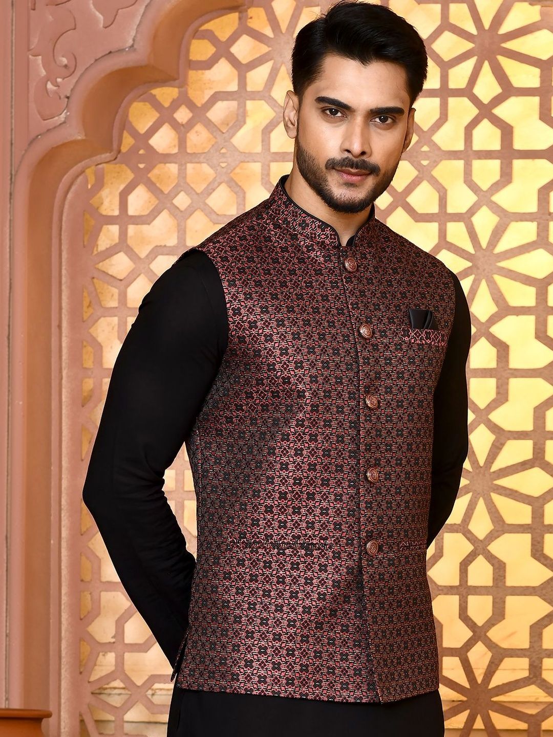 TRENDS OF ETHNIC Woven Design Mandarin Collar Nehru Jacket-picture-39
