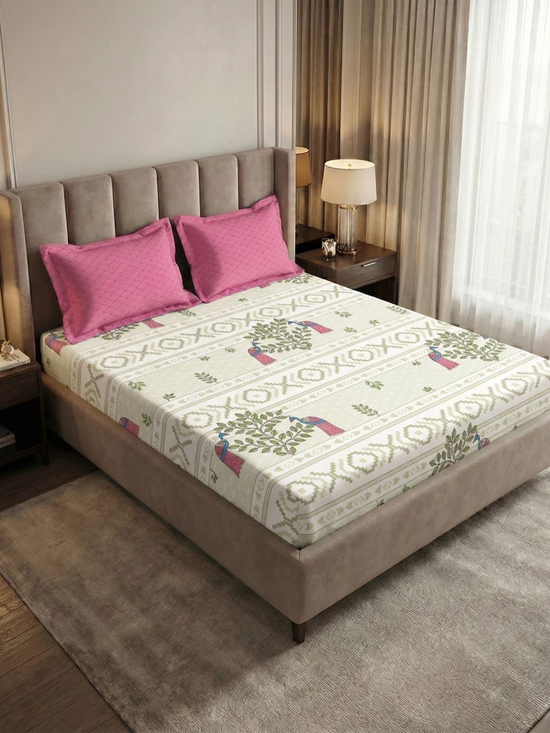 MYTRIDENT Off White & Pink 180 TC King Bedsheet with 2 Pillow Covers-image-42