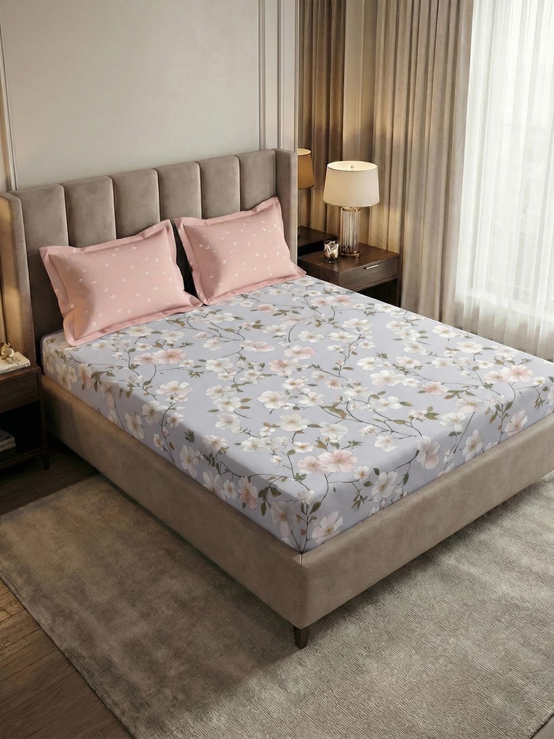 MYTRIDENT Grey Floral 180 TC King Bedsheet with 2 Pillow Covers-picture-23