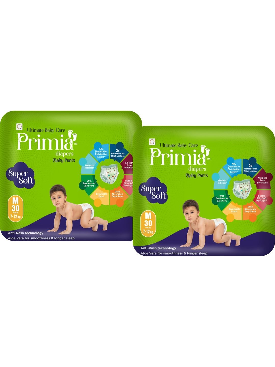Primia Set Of 2 Aloe Vera & Anti -Rash Technology Diaper Baby Pants - 30 Pcs Each - M-picture-17