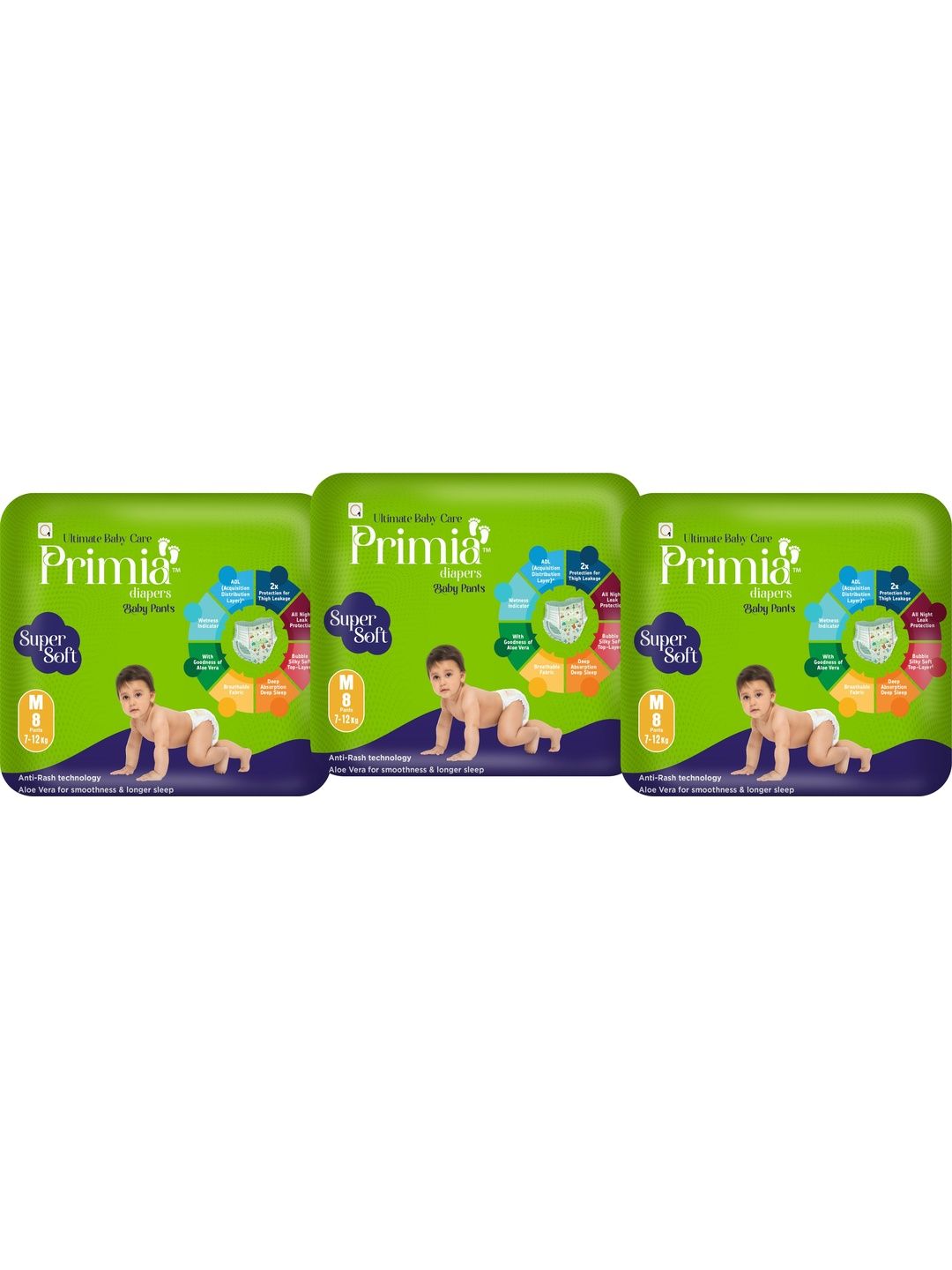 Primia Set Of 3 Aloe Vera & Anti -Rash Technology Diaper Baby Pants - 8 Pcs Each - M-picture-33