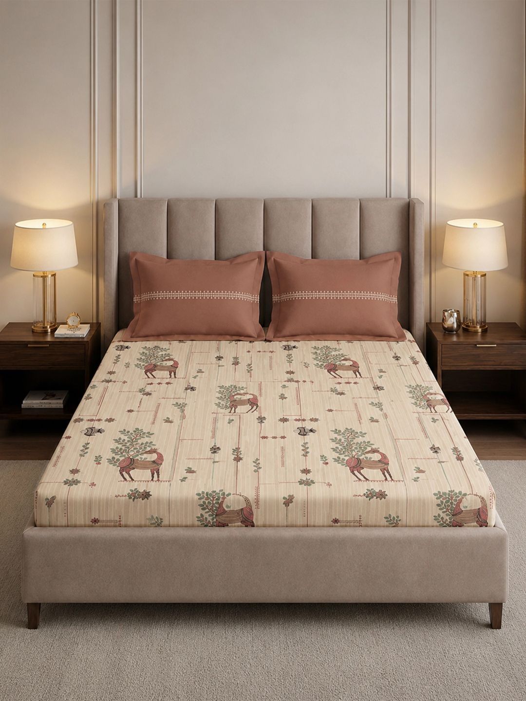 MYTRIDENT Beige 180 TC King Bedsheet with 2 Pillow Covers-picture-10