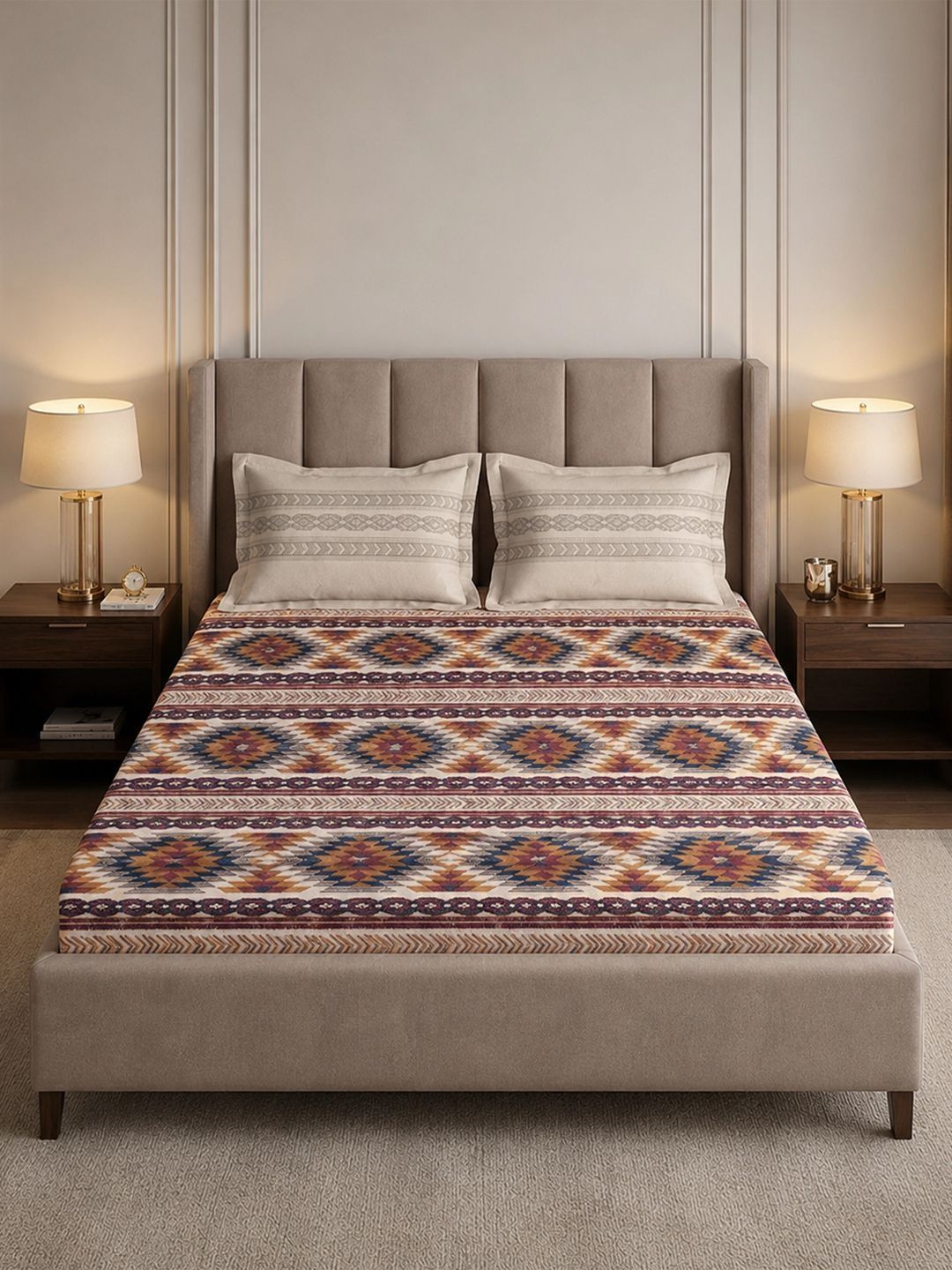 MYTRIDENT Brown Geometric 180 TC King Bedsheet with 2 Pillow Covers-picture-13