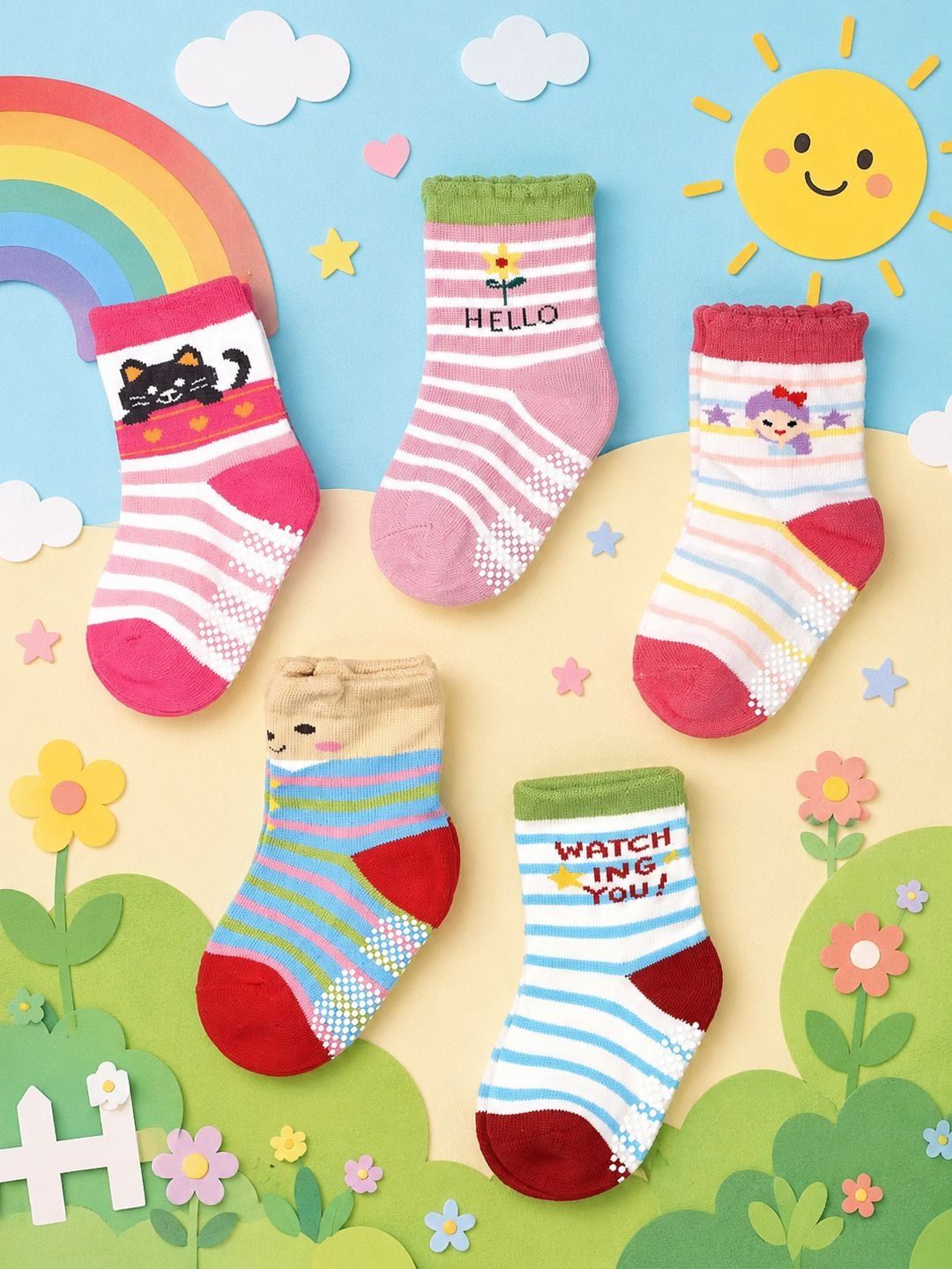 Nicsy Unisex Kids Pack of 5 Cotton Patterned Above Ankle Socks-image-30