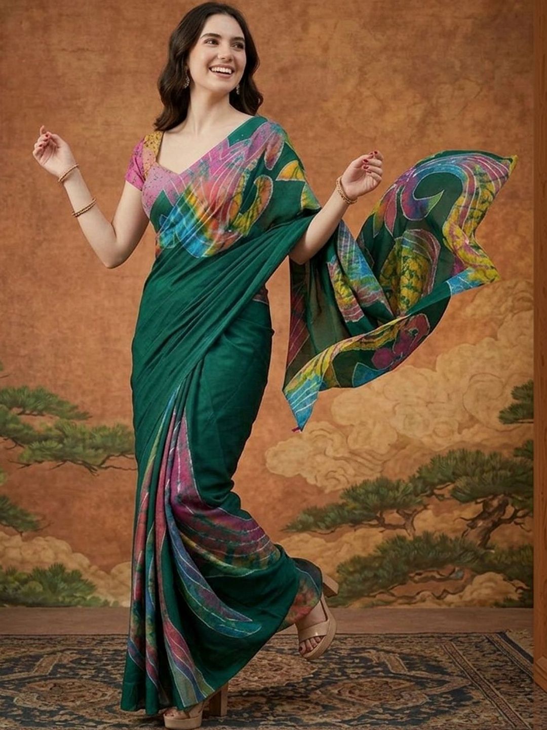 Anouk Floral Pure Cotton Fusion Saree-picture-45