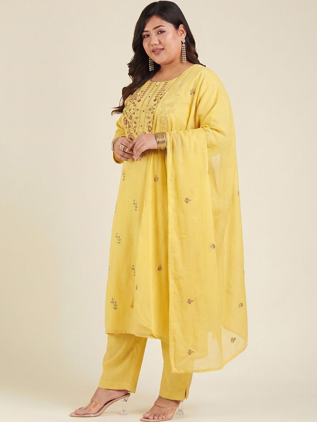 Janasya Women Floral Embroidered Regular Gotta Patti Pure Cotton Kurta with Trousers & With Dupatta-picture-18
