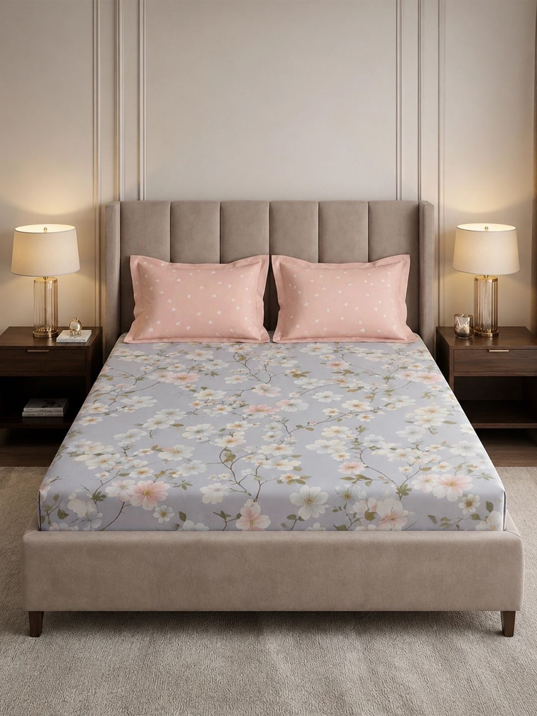 MYTRIDENT Grey & Pink Floral 180 TC King Bedsheet with 2 Pillow Covers-image-41