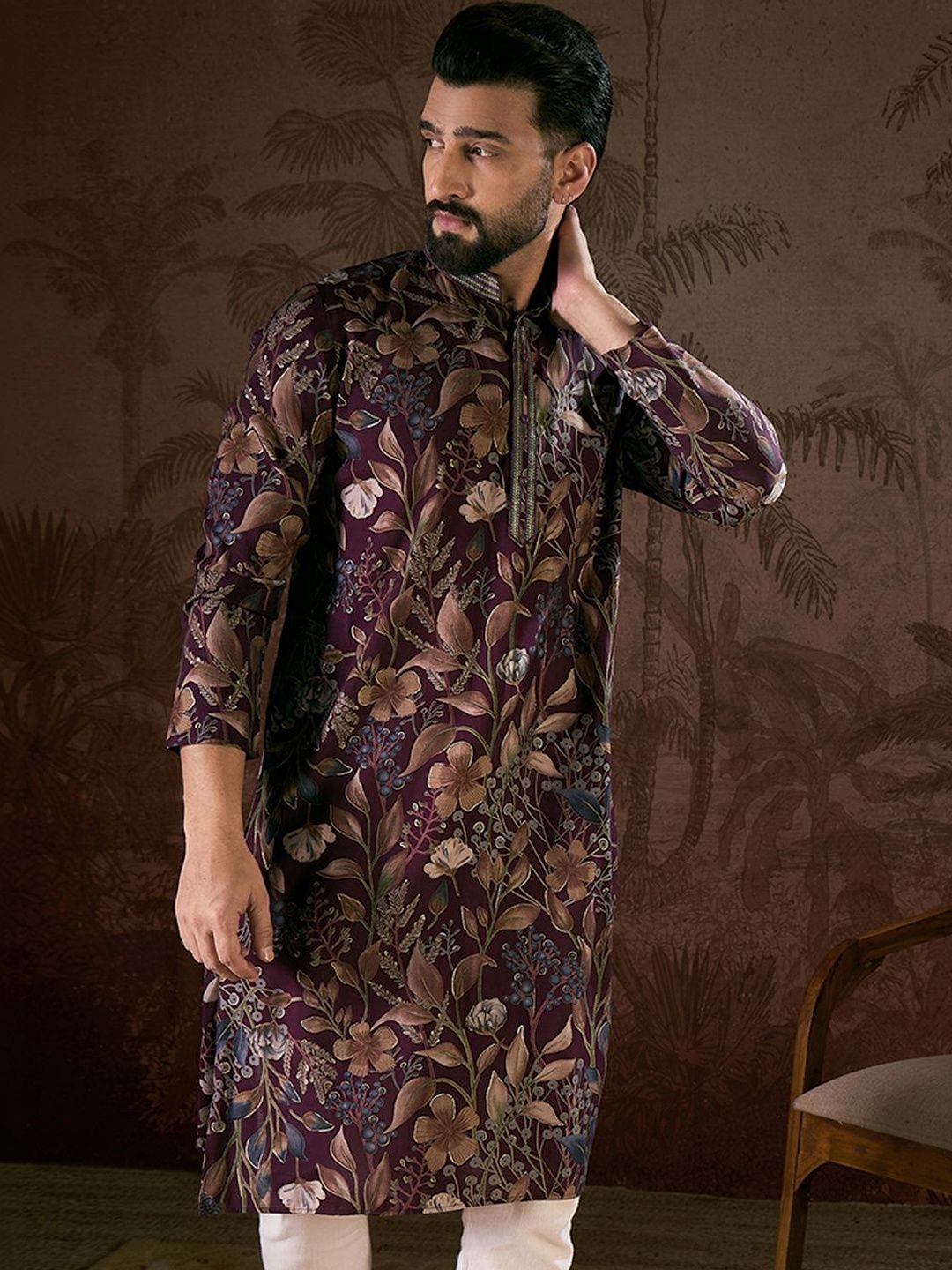 House of Pataudi Printed Mandarin Collar Calf Length Straight Kurtas-picture-37