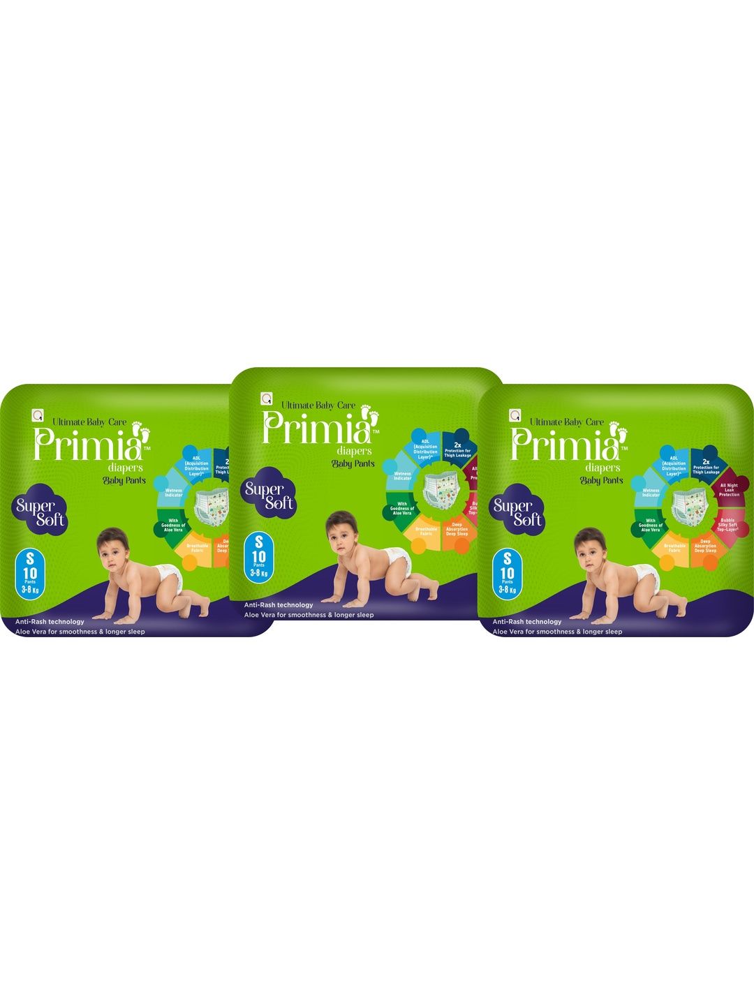 Primia Set Of 3 Aloe Vera & Anti -Rash Technology Diaper Baby Pants - 10 Pcs Each - S-picture-58