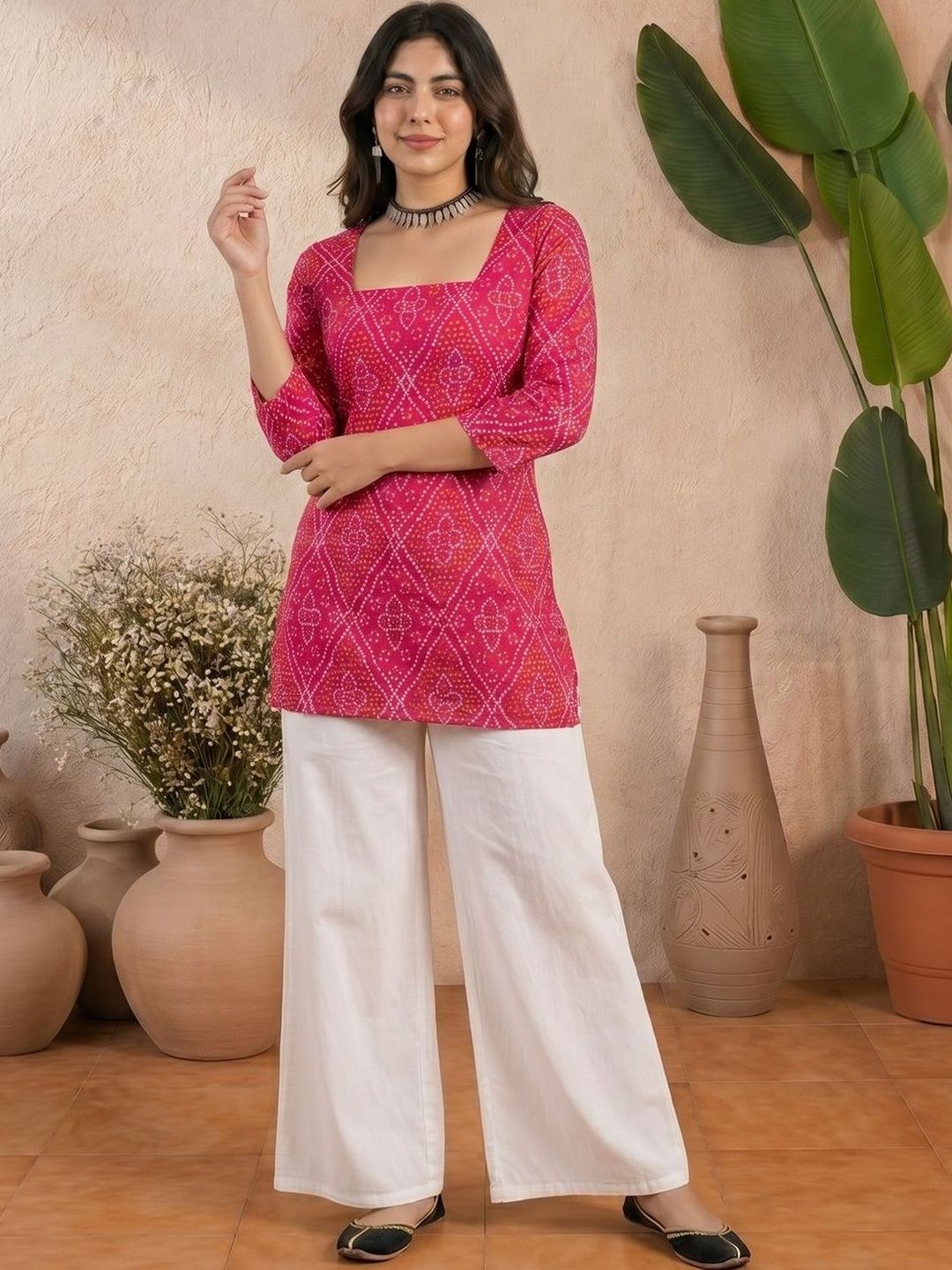 Anouk Bandhani Printed Square Neck Pure Cotton Blend Handloom Kurti-picture-15