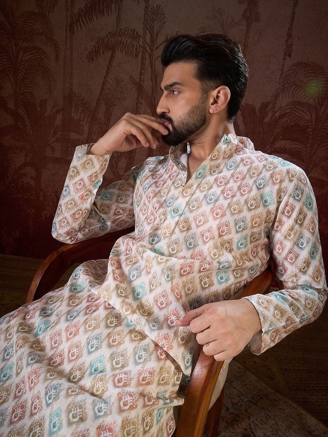 House of Pataudi Printed Mandarin Collar Calf Length Straight Kurtas-picture-17
