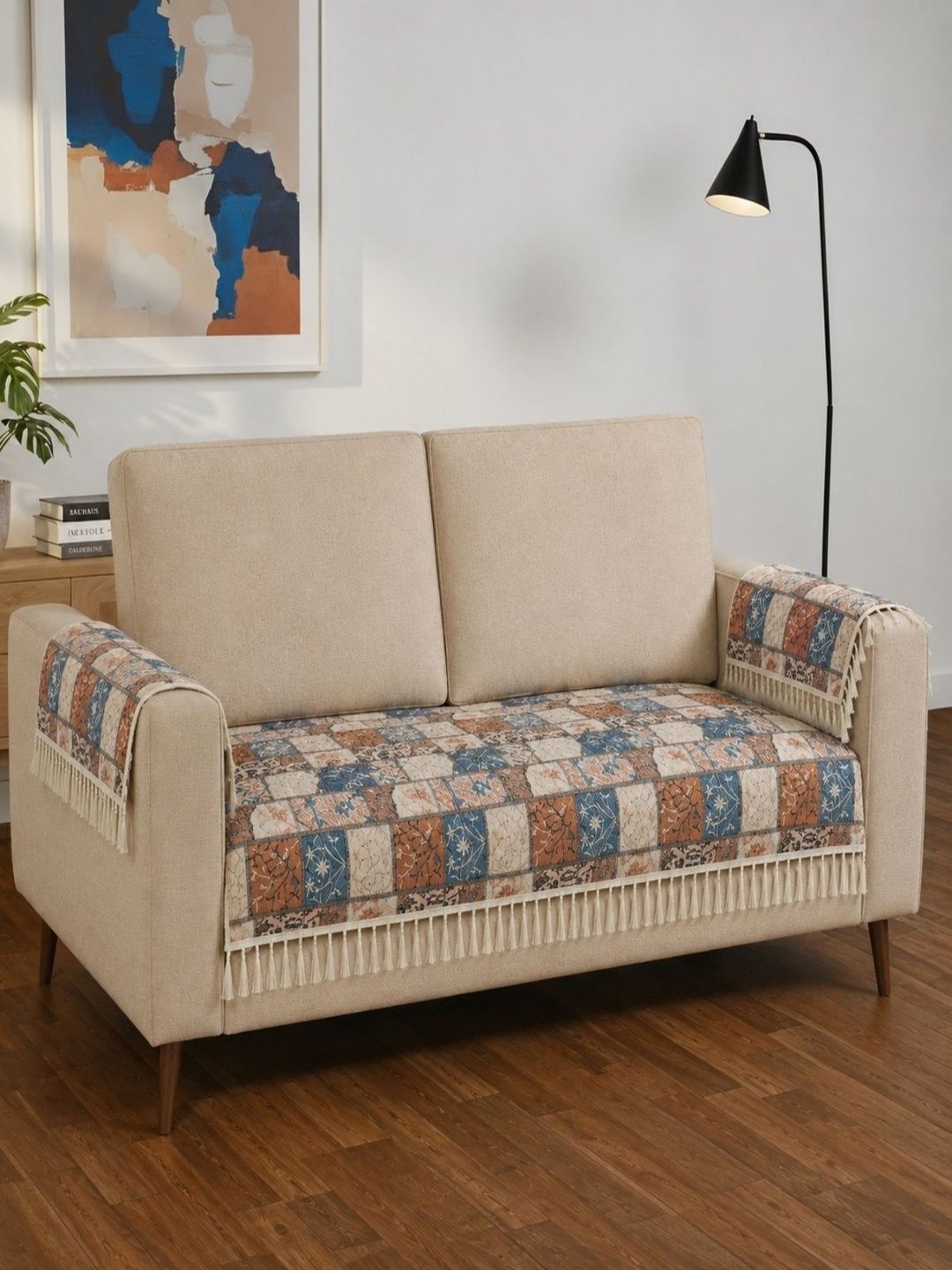 Homefab India Blue & Beige Printed 3 Piece Sofa Cover With Arms-picture-38