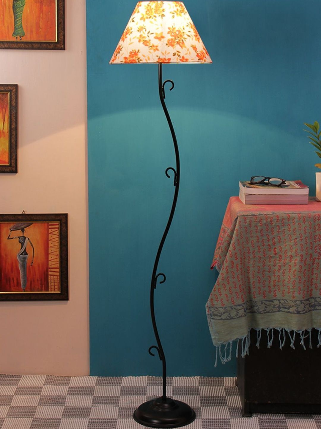 Myntra Elegant Homes White & Orange Printed Iron Frustum Shape Floor Lamp-image-14