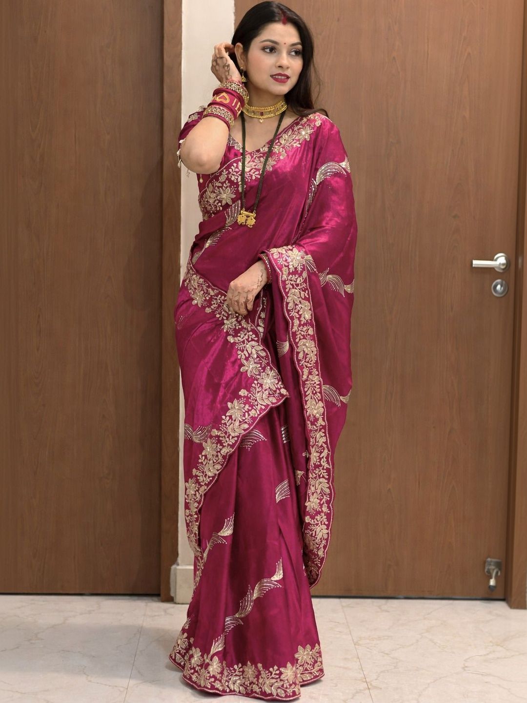 R K CREATION Floral Embroidered Satin Designer Baluchari Saree-image-13