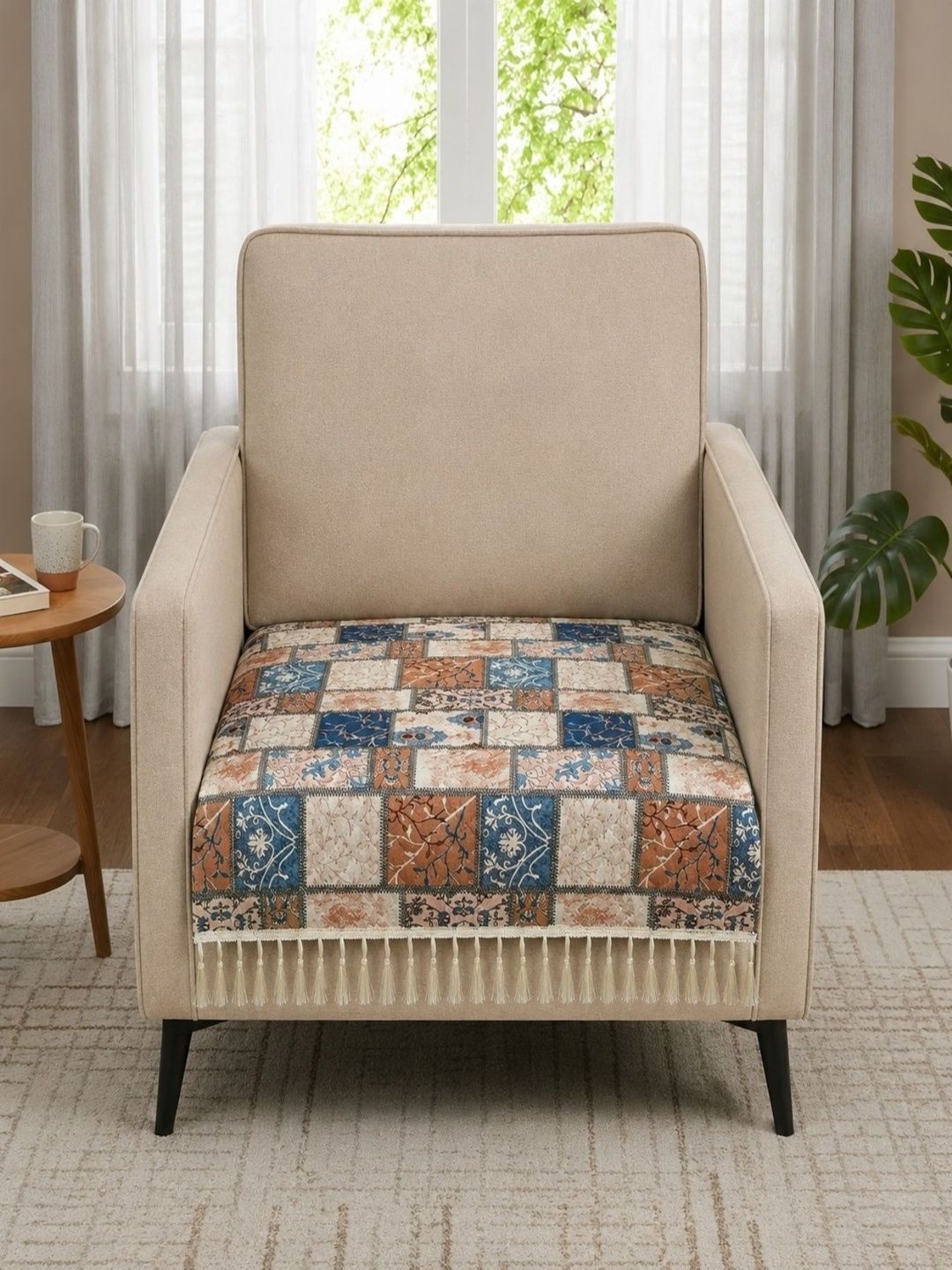 Homefab India Blue & Beige Printed 1 Piece Sofa Cover Without Arms-picture-36