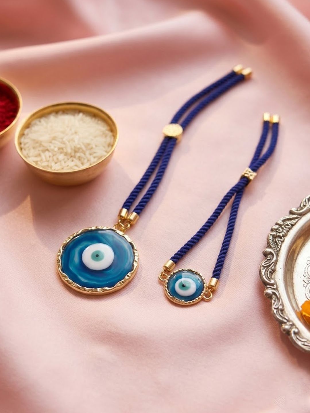 SZN Set Of 2 Blue Evil Eye Resin Design Bhaiya Bhabhi Wraparound Rakhi-picture-35