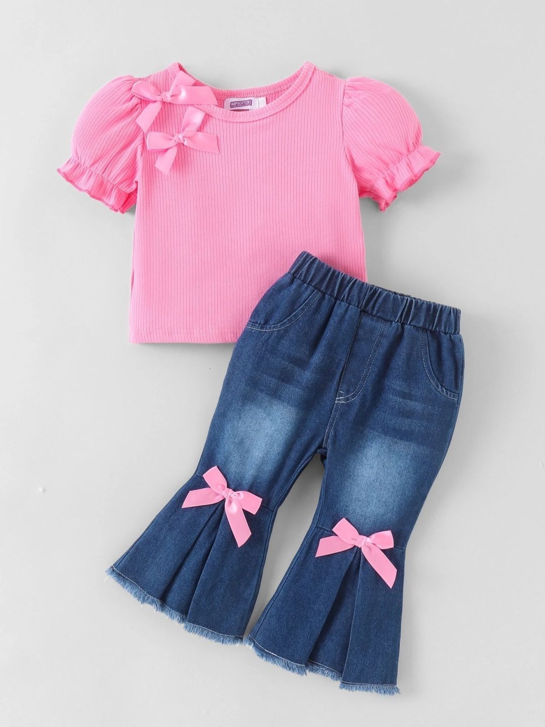 Hopscotch Bow Applique Puff Sleeves Jeans Set-image-4
