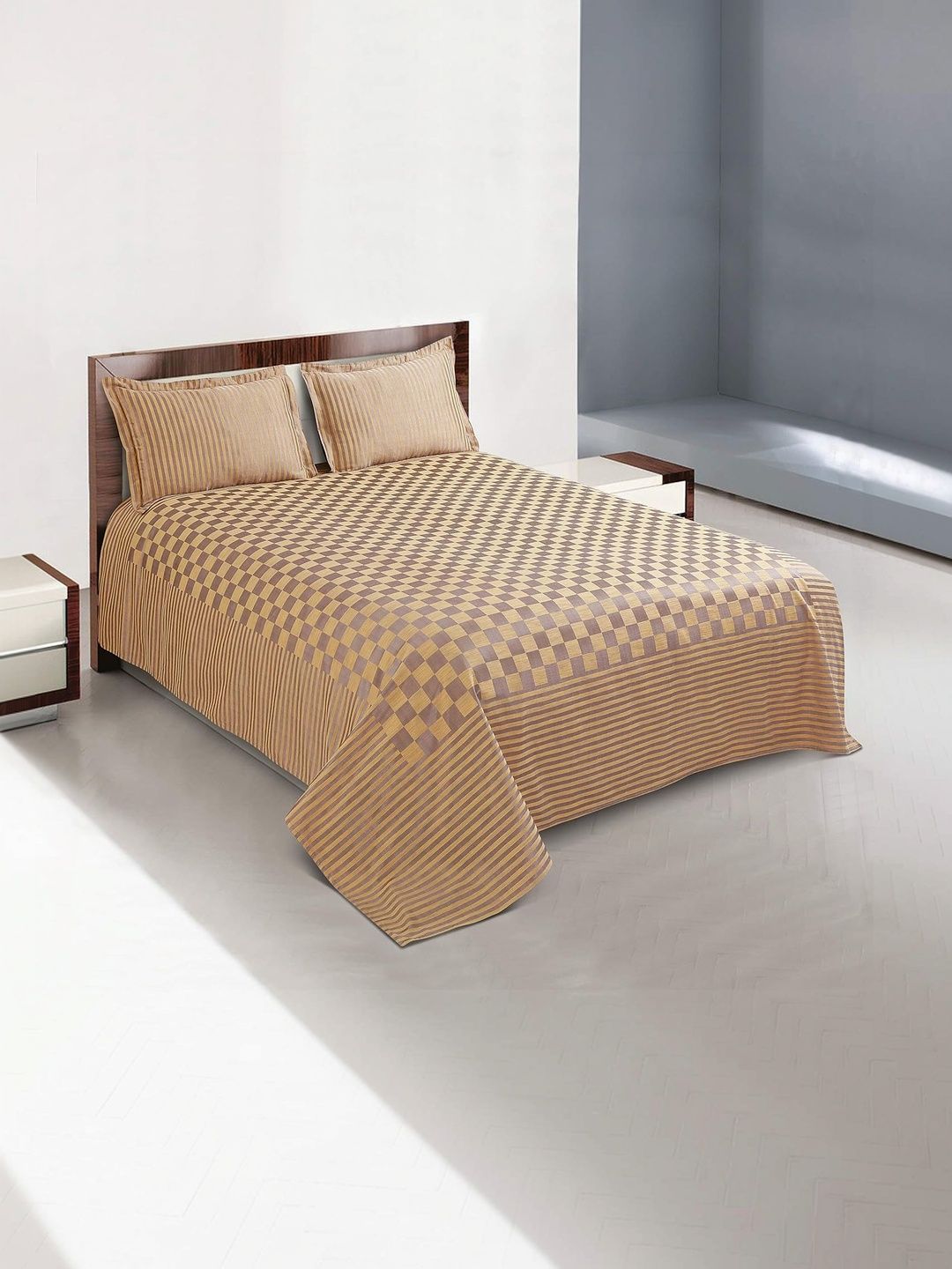 Victor Beige Checked Double Superking Bed Covers-image-6