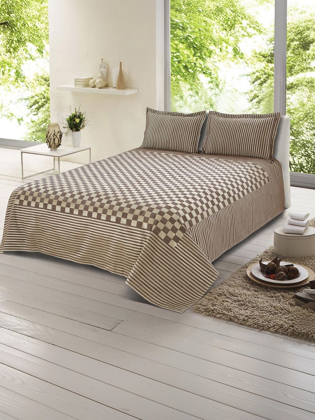 Victor Brown Checked Double Superking Bed Covers-picture-18