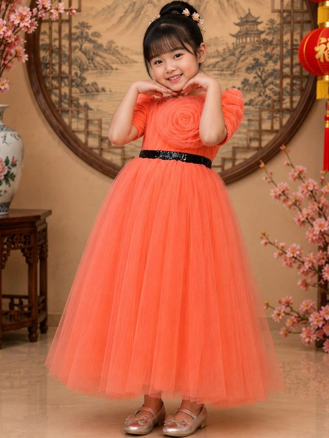 Dripteen Puff Sleeve Ruffled Net Maxi Dress-picture-52