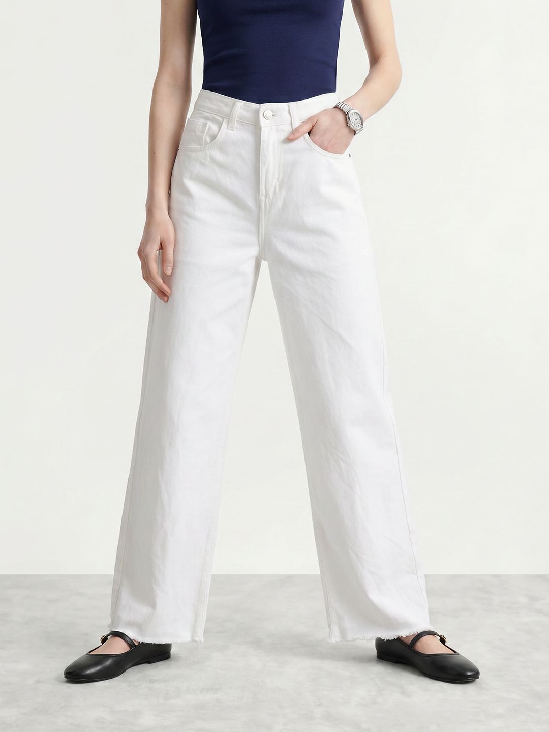 Mast & Harbour Women Wide Leg High-Rise Frayed Hem Pure Cotton Jeans-picture-33