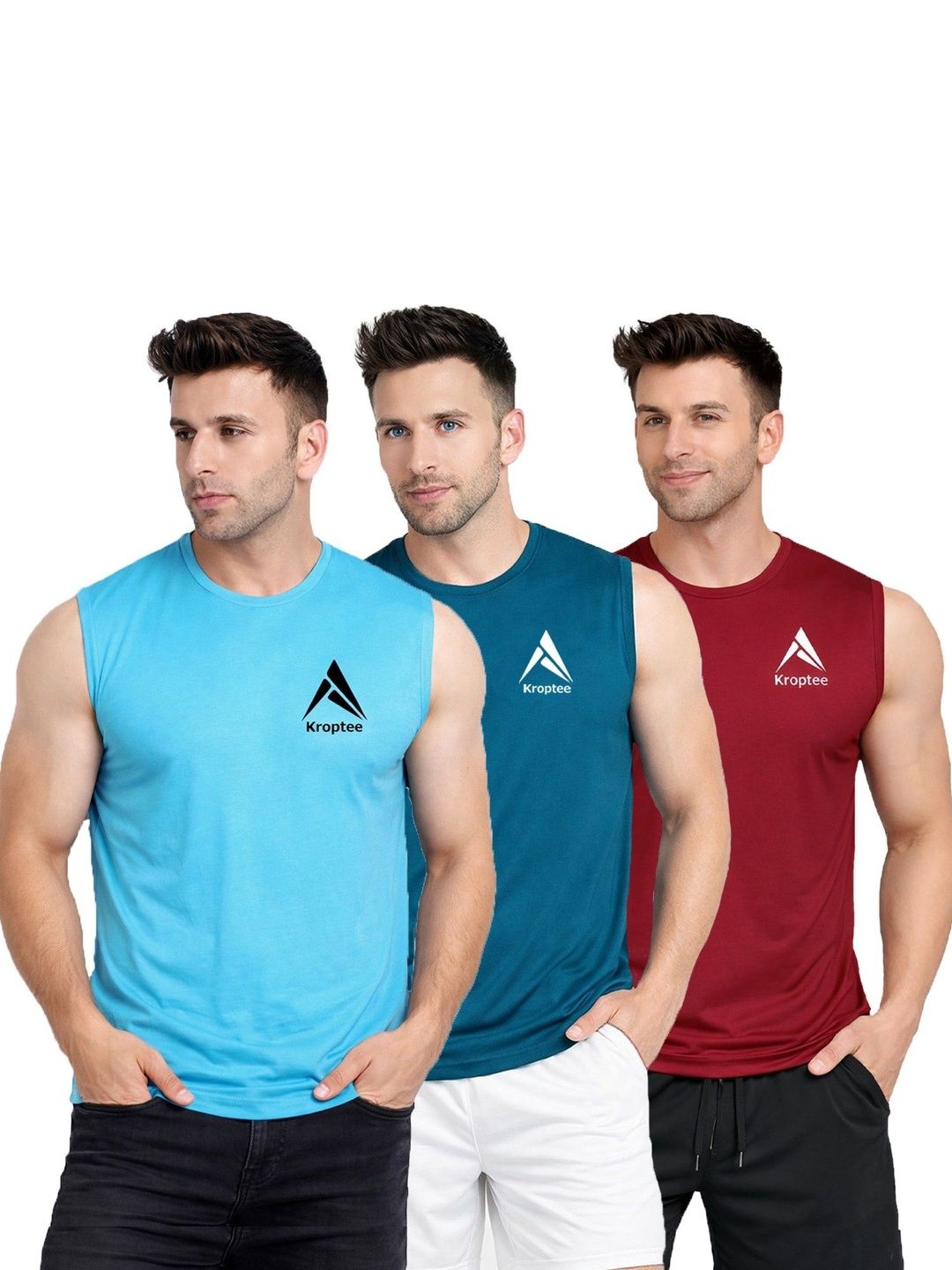 Kroptee Pack of 3 Printed Cotton Blend Gym Vest-image-30
