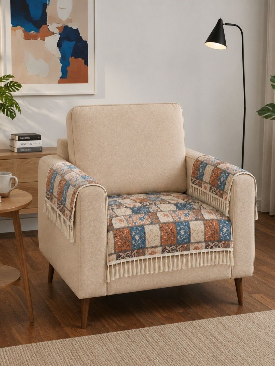 Homefab India Blue & Beige Printed 3 Piece Sofa Cover With Arms-picture-39