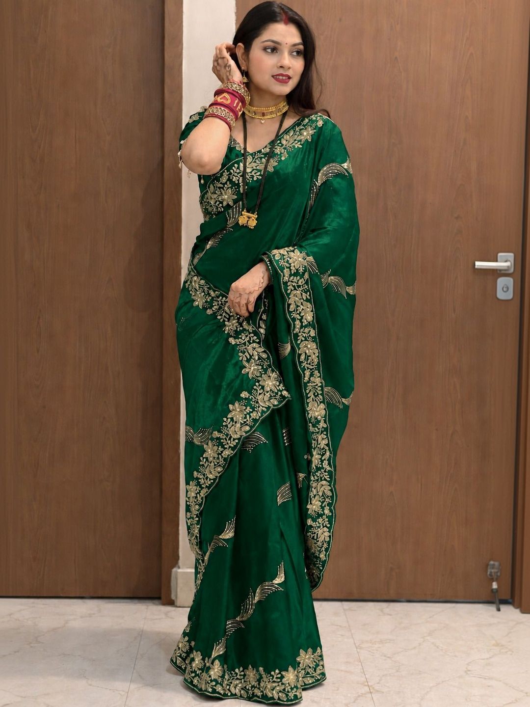 R K CREATION Floral Zari Satin Designer Baluchari Saree-picture-51