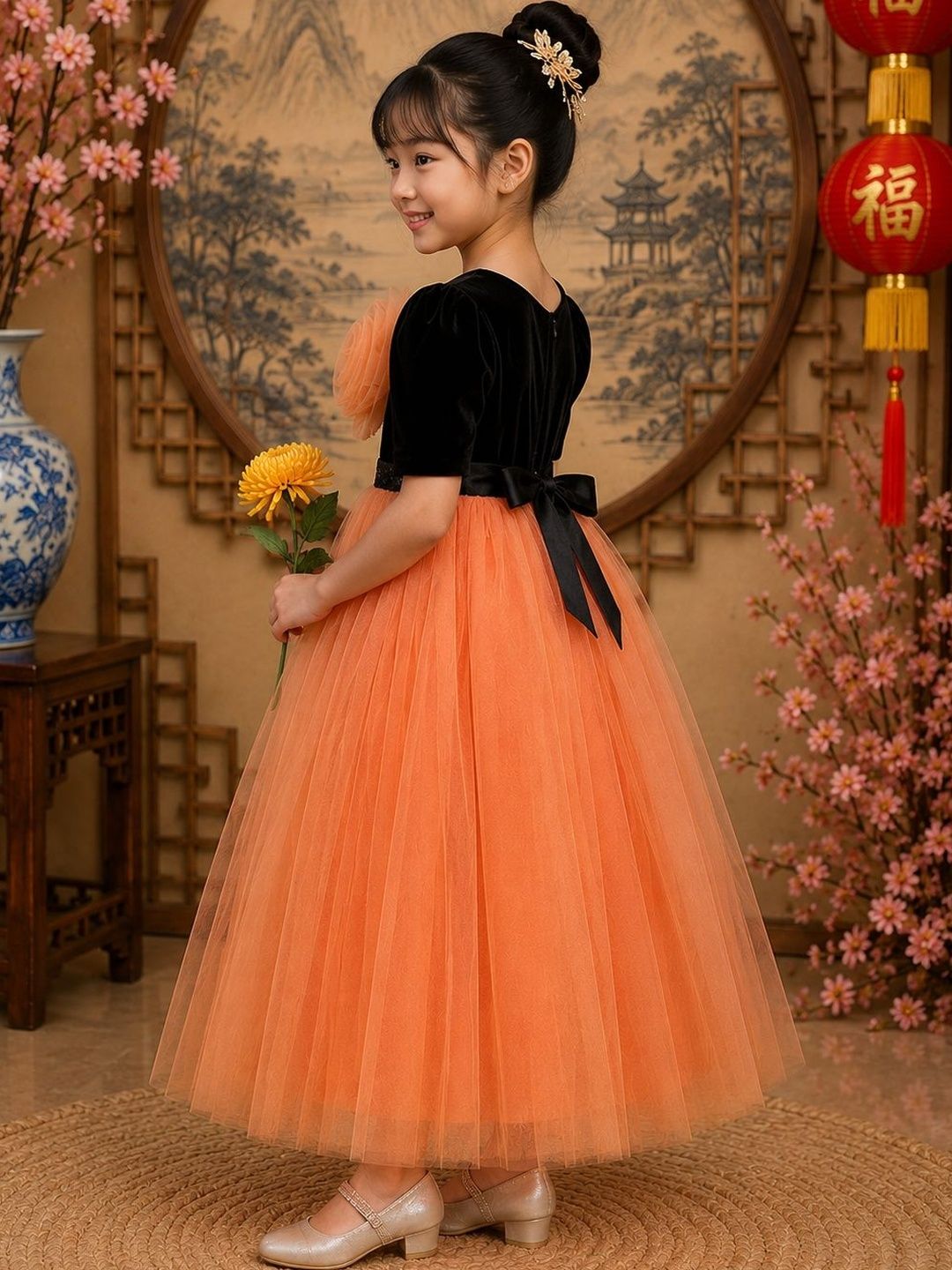 Dripteen Colourblocked Puff Sleeve Ruffled Net Maxi Dress-picture-32
