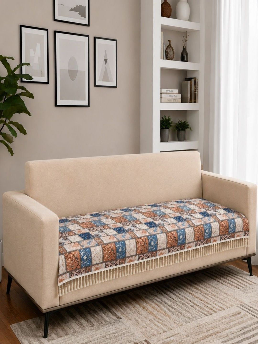 Homefab India Blue & Beige Printed 1 Piece Sofa Cover Without Arms-picture-33